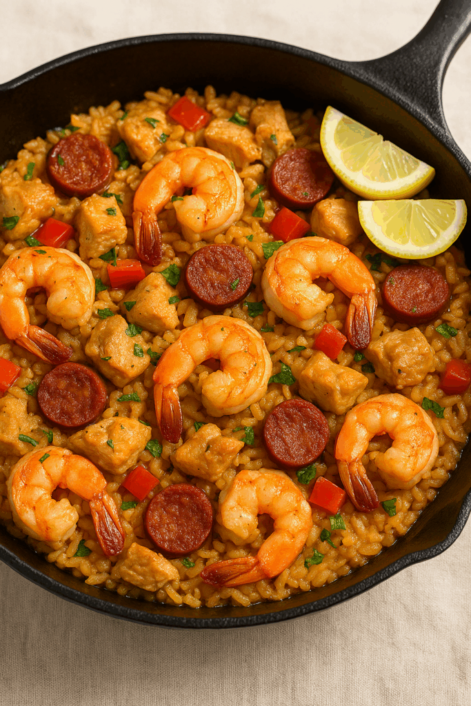 One-Pan Wonder: Easy Shrimp Chorizo Chicken Skillet for a Bold, Flavorful Lunch