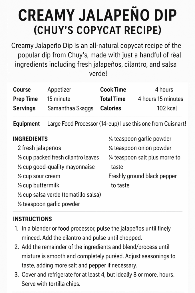Creamy Jalapeno Dip Recipe Card