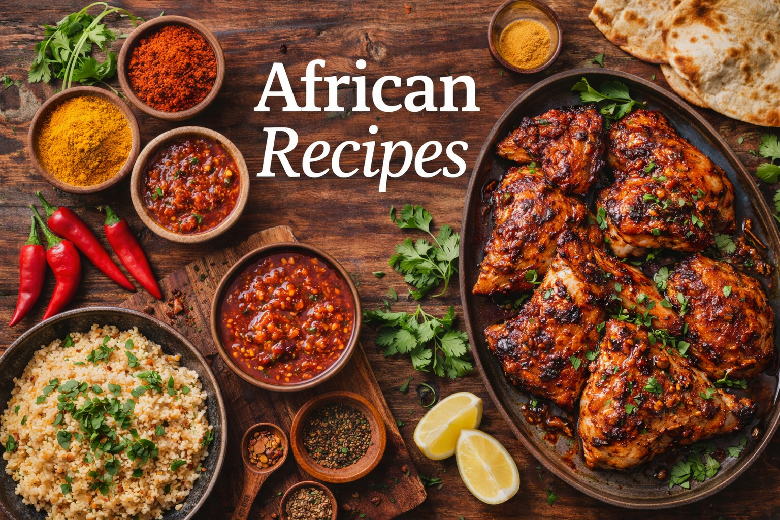 African recipes featuring spicy piri piri chicken with traditional African spices and sauces