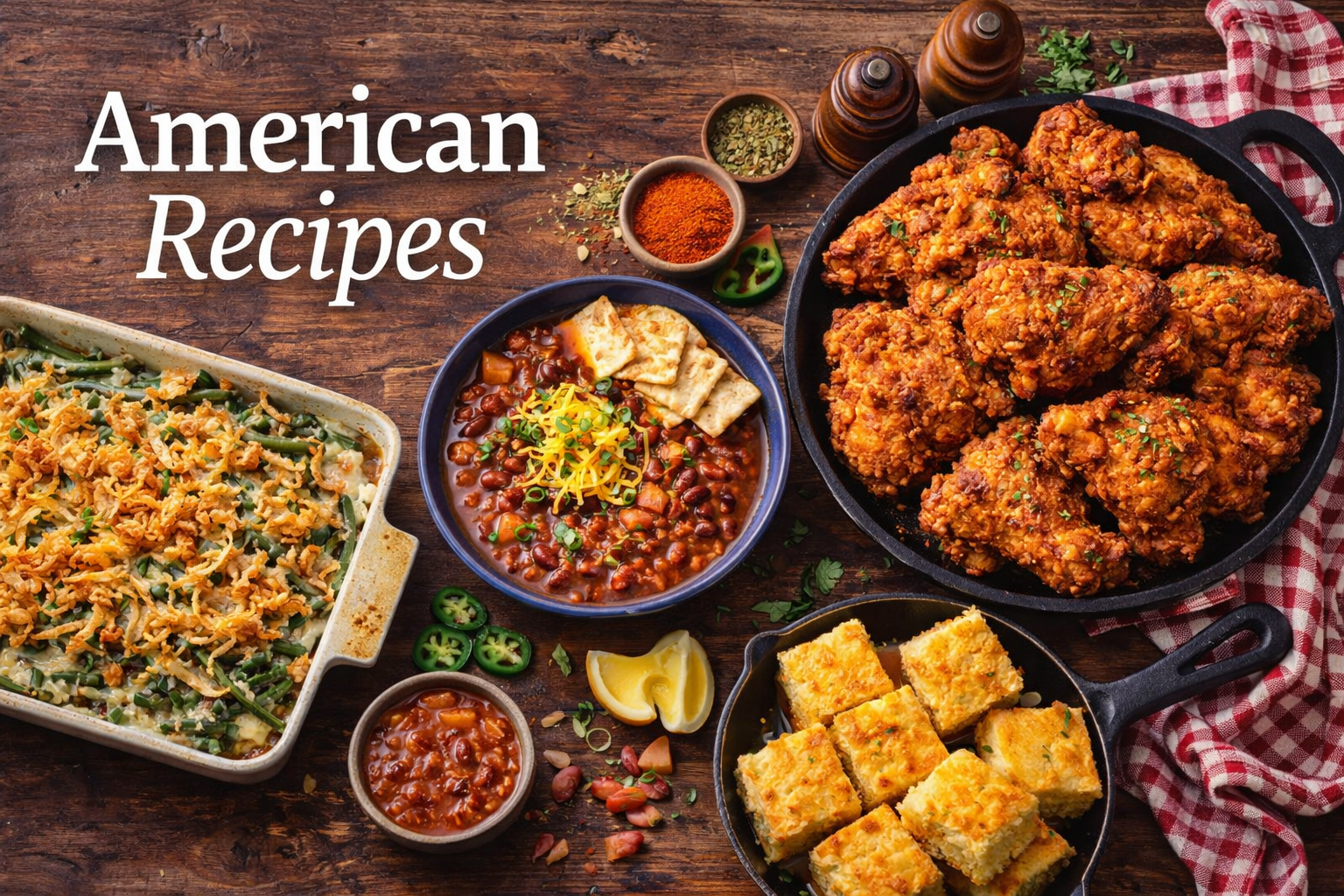 American recipes featuring fried chicken, chili, casseroles, and classic comfort food dishes