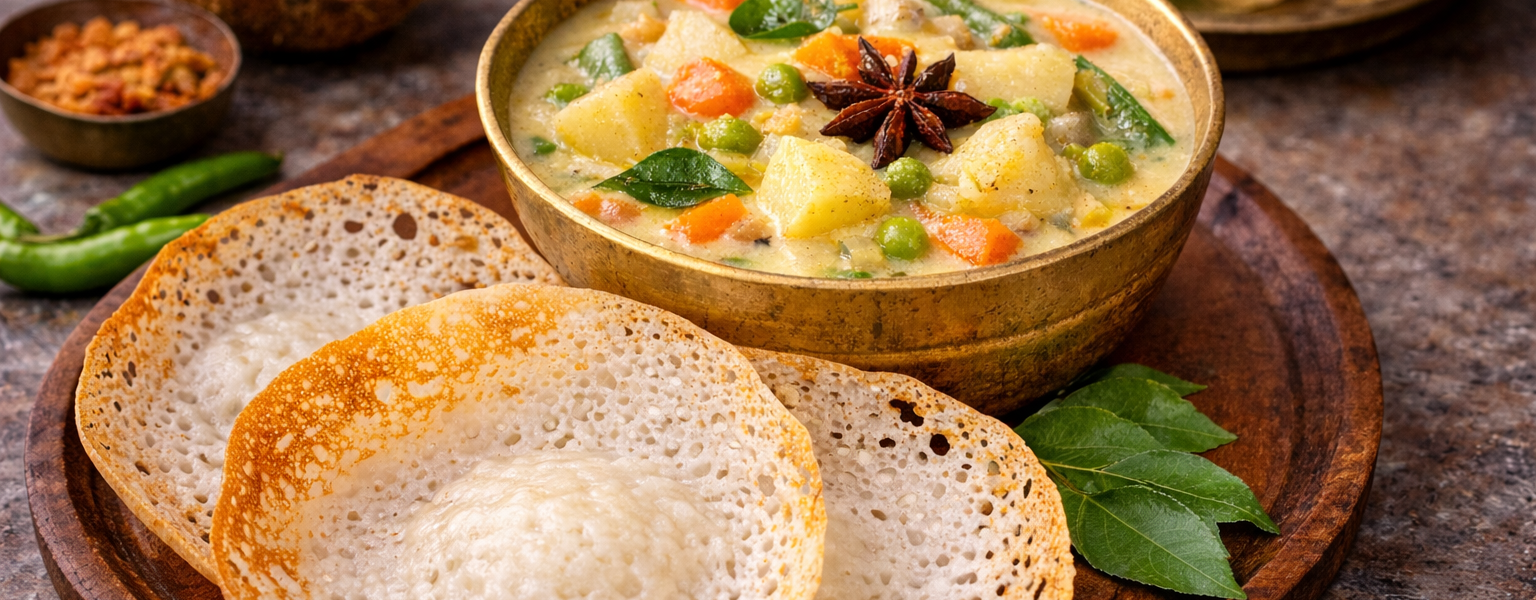 Appam with Creamy Vegetable Stew