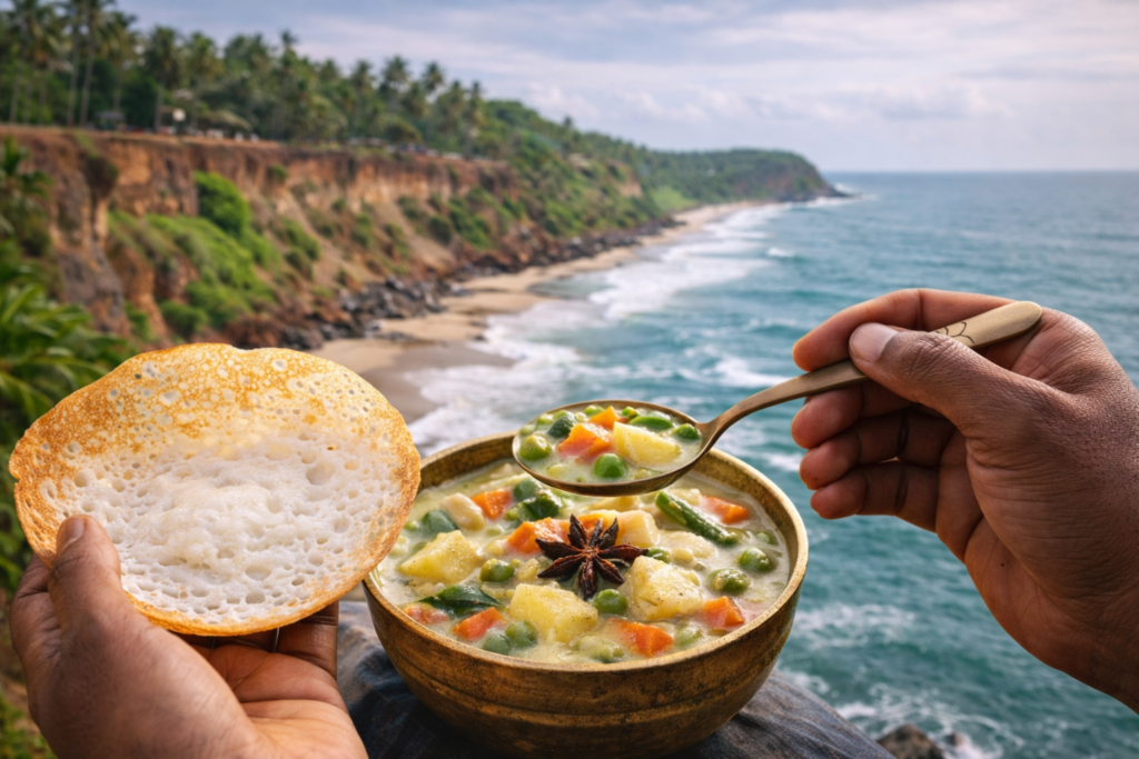 Authentic Kerala Appam with Creamy Vegetable Stew served overlooking the Varkala Kerala coastline