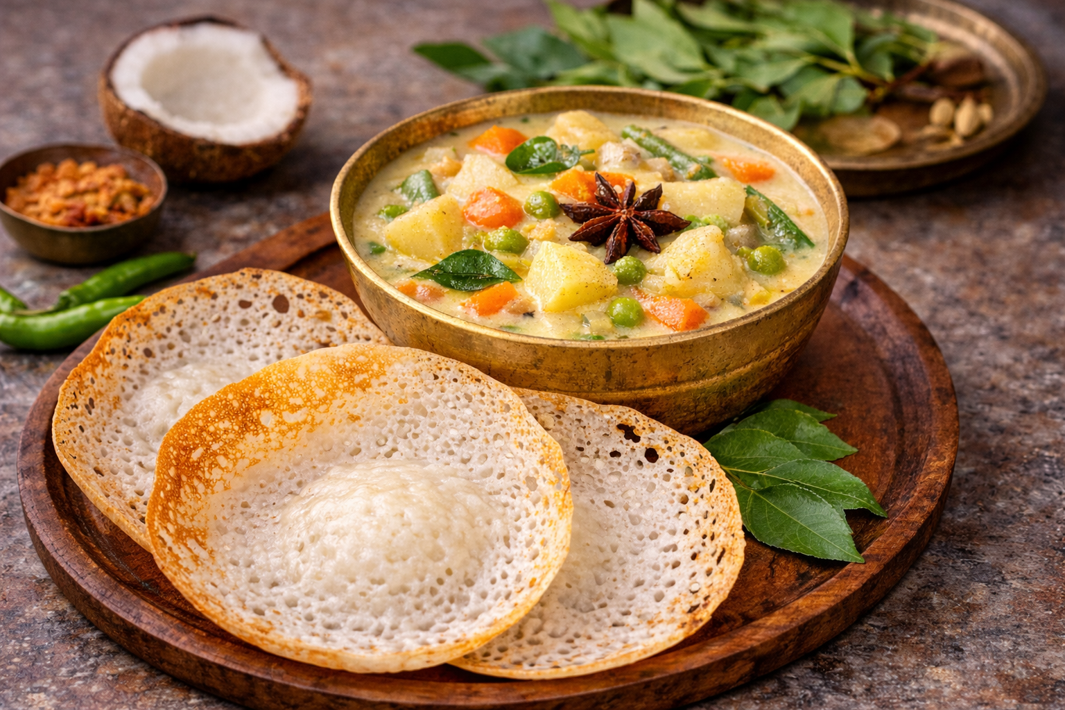 Appam with Creamy Vegetable Stew